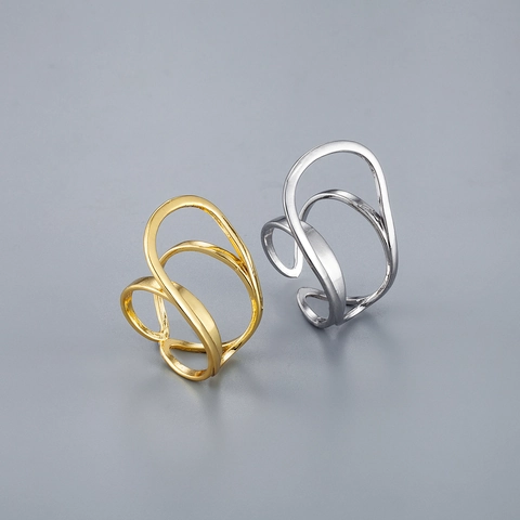 Minimalistischer Unregelmäßiger Hohler Geometrischer Offener Ring Kupfer 925 Sterlingsilber Vergoldet Verstellbarer Statement Fingerring Damen Schmuck