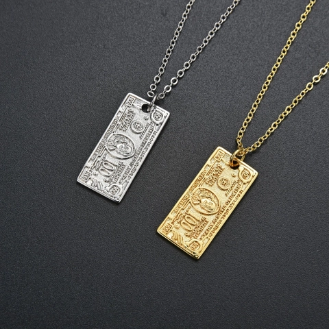 Hip Hop 100 US Dollar Bill Pendant Necklace For Women Copper Gold Silver Plated Rectangle Money Embossed O-Chain Jewelry