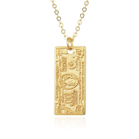 Hip Hop 100 US Dollar Bill Pendant Necklace Copper Gold Silver Plated Money Rectangle Chain Necklace For Men Women Jewelry