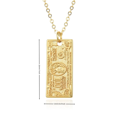 Hip Hop 100 US Dollar Bill Pendant Necklace Copper Gold Silver Plated Money Rectangle Chain Necklace For Men Women Jewelry