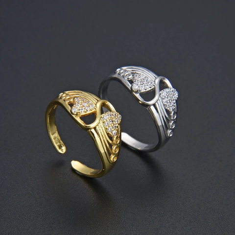 Romantic Double Interlocking Heart Open Ring Copper With Zirconia Gold Silver Plated Adjustable Finger Ring For Women Gift