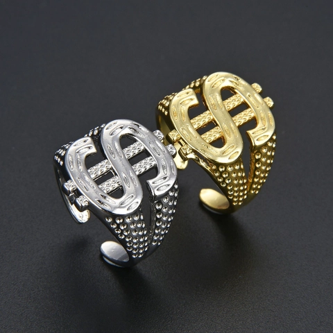 Exaggerated Hip Hop Dollar Sign Open Ring For Men Women Copper Gold Silver Plated Punk Adjustable Money Symbol Finger Ring Jewelry