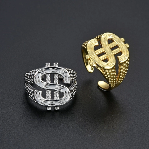 Exaggerated Hip Hop Dollar Sign Open Ring For Men Women Copper Gold Silver Plated Punk Adjustable Money Symbol Finger Ring Jewelry