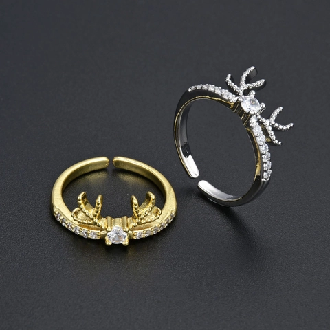 Eleganter Geweih-Form Offener Ring Für Damen Kupfer Zirkonia Hirschhorn Verstellbarer Ring Weihnachts-Schmuck Geschenk Gold Silber