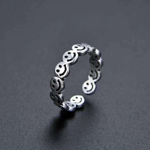 Vintage Copper Smile Face Open Ring Adjustable Unisex Thai Silver Style Hip Hop Personalized Smiley Band Finger Ring Jewelry