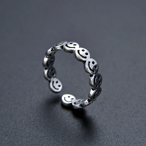 Vintage Copper Smile Face Open Ring Adjustable Unisex Thai Silver Style Hip Hop Personalized Smiley Band Finger Ring Jewelry