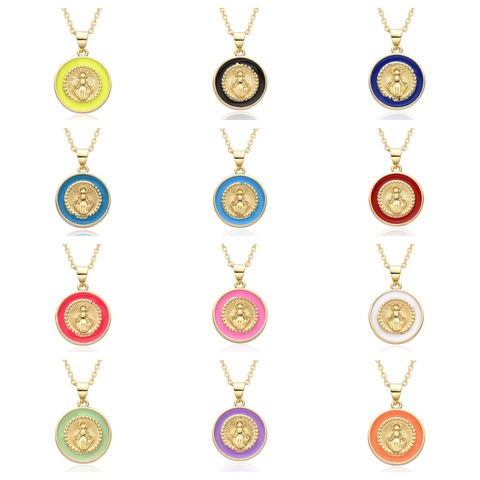 Collier Pendentif Religieux Vierge Marie en Cuivre Plaqué Or Émail Bijoux Catholiques de Mode pour Femmes