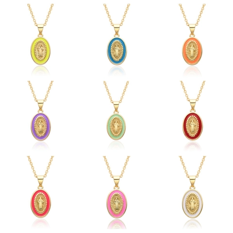 Collar Con Colgante Ovalado de la Virgen María de Cobre Chapado en Oro Vintage Joyería Religiosa de Esmalte de Colores Para Mujer Regalo