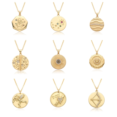 Gold Plated Copper Pendant Necklace Zirconia Cupid Heart Sun Mother Child Twelve Zodiac Coins For Women Jewelry Gift