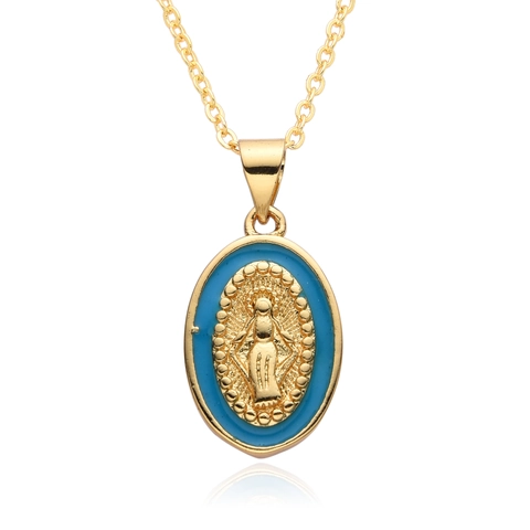 Collar con Colgante de la Virgen María de Cobre Religioso Vintage Chapado en Oro Esmalte Ovalado Madre María Joyería Católica Mujer