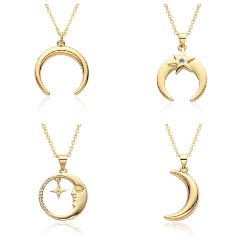 Minimalist Copper Gold Plated Moon Star Pendant Necklace For Women Zirconia Inlaid Niche Design Clavicle Chain Jewelry Gift