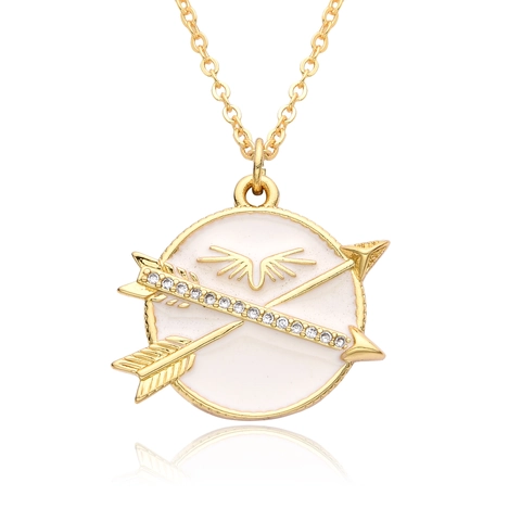 Collar de Colgante de Moneda Redonda de Cobre Chapado en Oro Flechas Cruzadas Alas para Mujer Circón Esmalte Joyería
