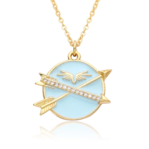 Collar de Colgante de Moneda Redonda de Cobre Chapado en Oro Flechas Cruzadas Alas para Mujer Circón Esmalte Joyería