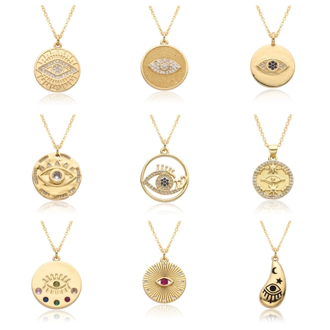 Evil Eye Pendant Necklace For Women Copper Gold Plated Geometric Round Disc Micro Inlaid Zirconia Protection Amulet Jewelry Gift