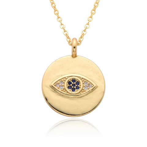 Evil Eye Pendant Necklace For Women Copper Gold Plated Geometric Round Disc Micro Inlaid Zirconia Protection Amulet Jewelry Gift
