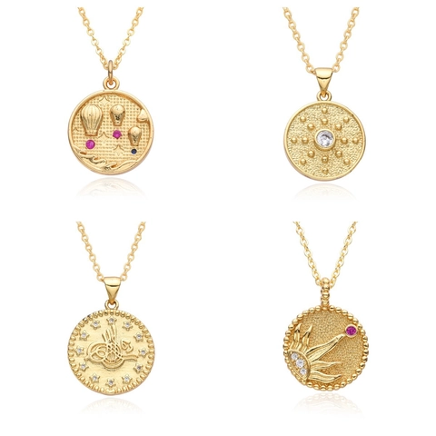 Vintage 18K Gold Plated Copper Coin Pendant Necklace For Women Retro Zodiac Ottoman Tughra Plant Embossed Clavicle Chain Jewelry