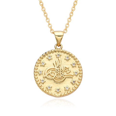 Vintage 18K Gold Plated Copper Coin Pendant Necklace For Women Retro Zodiac Ottoman Tughra Plant Embossed Clavicle Chain Jewelry