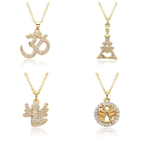 Mode Vergoldet Kupfer Zirkonia Religiöse Anhänger Halskette Für Damen Om Eiffelturm Engel Stern Charme Schmuck Geschenk
