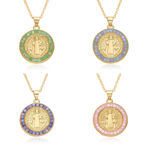 St Benedict Religious Medal Pendant Necklace For Women Vintage Gold Plated Copper Round Coin Colorful Mosaic Catholic Jewelry