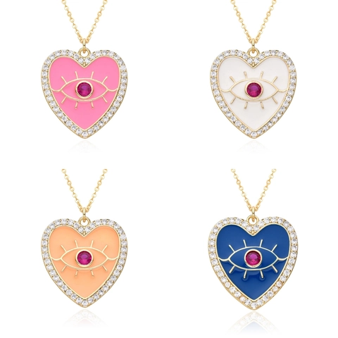 Collier Pendentif Cœur Mauvais Œil en Cuivre Plaqué Or pour Femmes Émail Zirconia Incrusté Bijoux de Mode Bohémienne