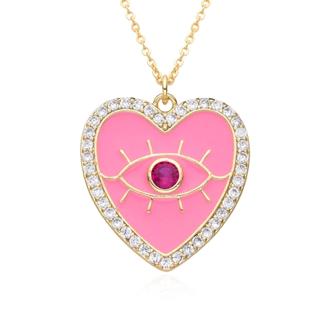 Collier Pendentif Cœur Mauvais Œil en Cuivre Plaqué Or pour Femmes Émail Zirconia Incrusté Bijoux de Mode Bohémienne
