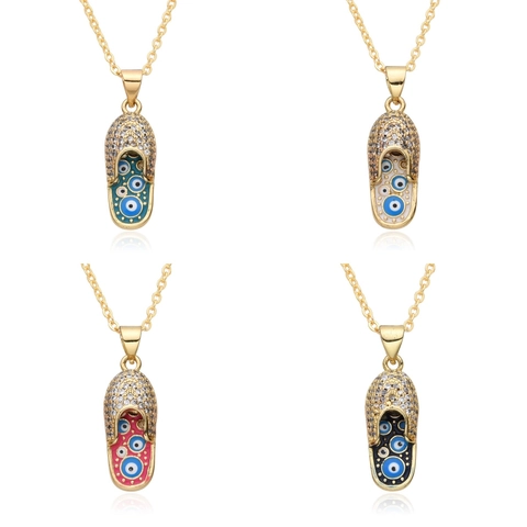 Gold Plated Copper Evil Eye Slipper Pendant Necklace For Women Micro Pave Zirconia Enamel Flip Flop Charm Necklace Jewelry