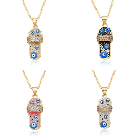 Gold Plated Copper Evil Eye Slipper Pendant Necklace Zirconia Enamel Flip Flop Charm Necklace For Women Fashion Jewelry