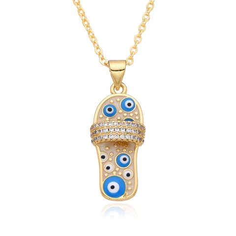 Gold Plated Copper Evil Eye Slipper Pendant Necklace Zirconia Enamel Flip Flop Charm Necklace For Women Fashion Jewelry