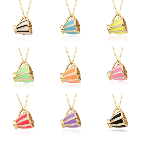 Collier Pendentif Tasse à Thé Rayée en Cuivre et Émail Mode Chaîne Longue pour Pull Bijoux Cadeau pour Femmes