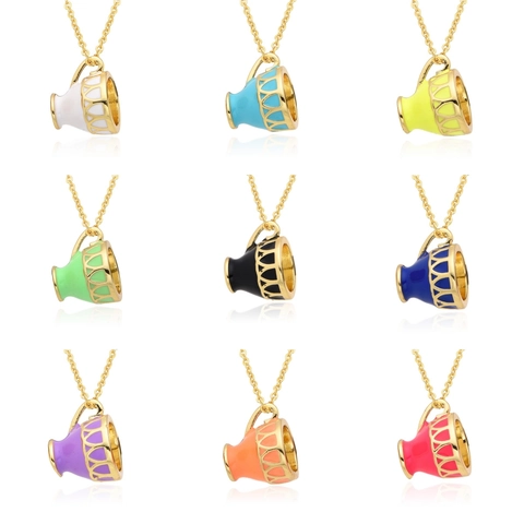 Enamel Teacup Pendant Necklace Gold Plated Copper Hollow Coffee Cup Charm Colorful Fashion Jewelry For Women Gift