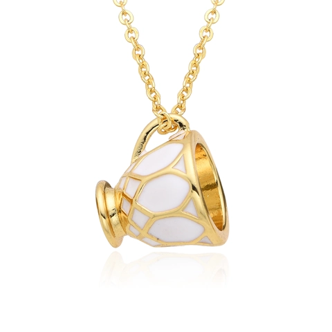 Collier Pendentif Théière Original Plaque Or Cuivre Email Motif Geometrique Longue Chaine Bijoux de Mode Cadeau pour Femme