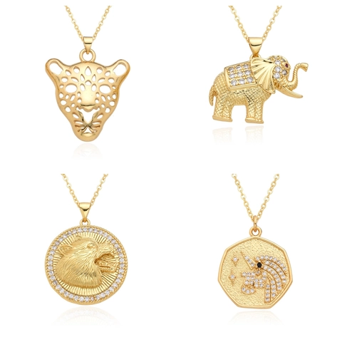 Collar de Colgante de Animal de Cobre Chapado en Oro Zirconia León Lobo Leopardo Elefante Joyería Hip Hop para Mujer