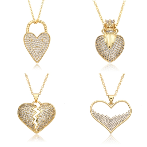 Lussuosa Collana Con Ciondolo a Cuore in Rame e Strass Per Donna Corona Cuore Infranto Cavo Gioielli Di Moda Regalo Quotidiano