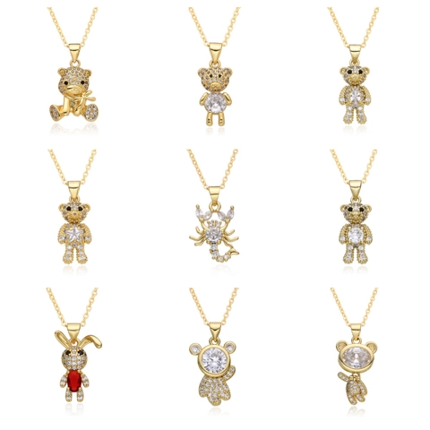 Cute Teddy Bear Copper Gold Plated Necklace For Women Micro Pave Rhinestone Animal Rabbit Scorpion Pendant Clavicle Chain Jewelry