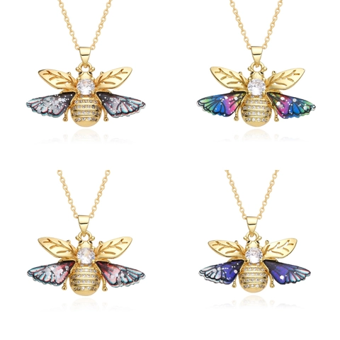 Exquisite Copper Bee Pendant Necklace With Colorful Gradient Wings Clear Zircon Micro-set Insect Jewelry For Women Gift