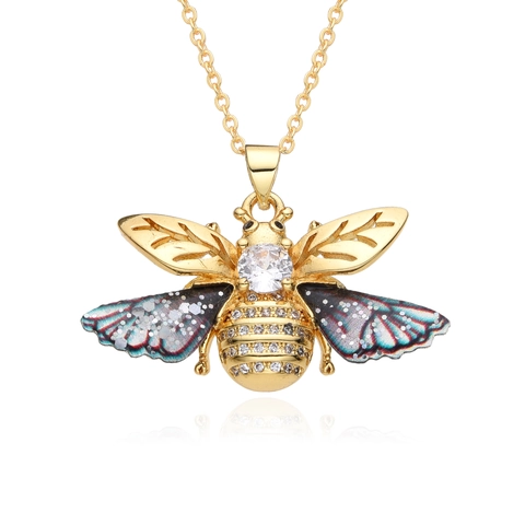 Exquisite Copper Bee Pendant Necklace With Colorful Gradient Wings Clear Zircon Micro-set Insect Jewelry For Women Gift
