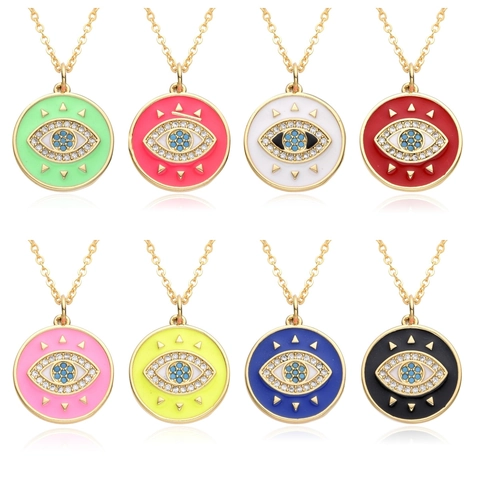 Collier Pendentif Rond Mauvais Œil Cuivre Plaqué Or 18K Émail Coloré Micro Pavage Zirconia Bijoux pour Femmes Quotidien