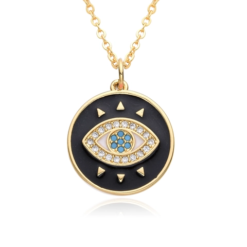 Collier Pendentif Rond Mauvais Œil Cuivre Plaqué Or 18K Émail Coloré Micro Pavage Zirconia Bijoux pour Femmes Quotidien