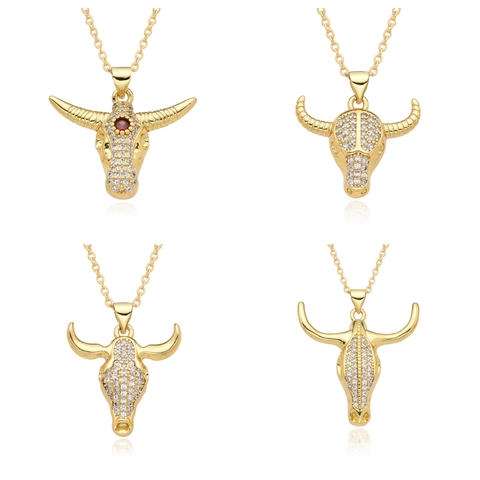 Fashion Bull Head Pendant Necklace 18K Gold Plated Copper Zirconia Inlaid Animal Skull Punk Hip Hop Jewelry Gift For Women