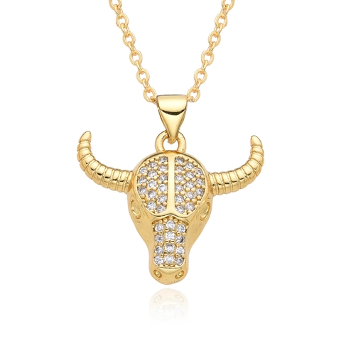 Fashion Bull Head Pendant Necklace 18K Gold Plated Copper Zirconia Inlaid Animal Skull Punk Hip Hop Jewelry Gift For Women