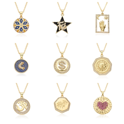 Collier Pendentif en Cuivre Plaqué Or Avec Zirconium Pour Femme Micro Pavé Cœur Étoile Soleil Signe Dollar Élégant Bijou De Mode Cadeau