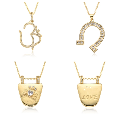 Gold Plated Copper Horseshoe Om Symbol Heart Wing Pendant Necklace With Zirconia Inlaid Luxury Western Style Women Jewelry