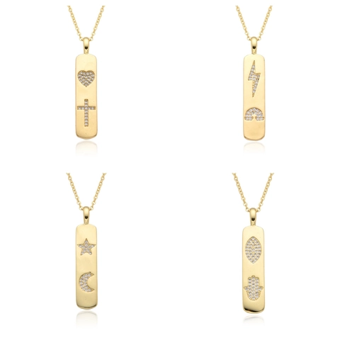 Collar Con Colgante De Barra Vertical De Cobre Chapado En Oro Zirconia Con Patrón De Corazón Cruz Rayo Arco Iris Estrella Luna Ojo Malvado Hamsa Para Mujeres