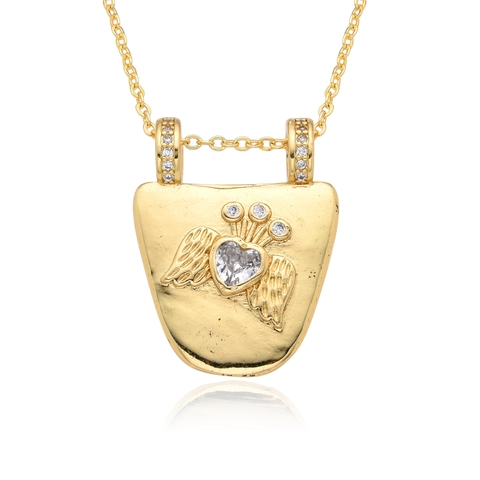 Gold Plated Copper Horseshoe Om Symbol Heart Wing Pendant Necklace With Zirconia Inlaid Luxury Western Style Women Jewelry