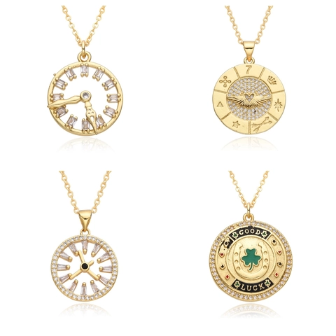 Collar de Colgante de Reloj de Cobre Circonia Herradura Trébol Corazón Alado Joyería para Mujer Moda Diaria de Viaje