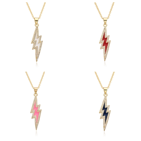 18K Gold Plated Copper Enamel Lightning Bolt Pendant Necklace With Zirconia Inlaid Tiny Dainty Jewelry For Women Party Gift
