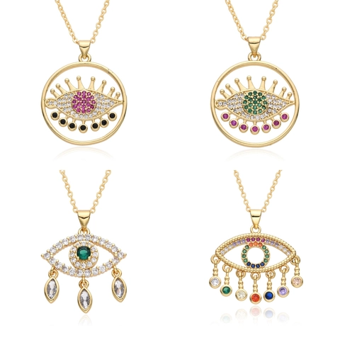 Collier Pendentif Mauvais Œil en Cuivre Chaîne de Clavicule en Strass Colorés Bijoux de Mode pour Cadeau Femme Haute Qualité Plaqué Or