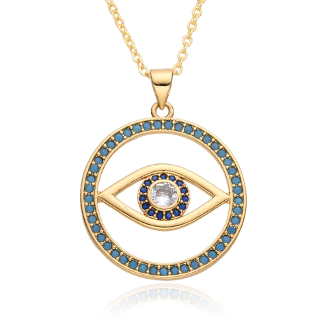 Collier Pendentif Mauvais Œil en Cuivre Chaîne de Clavicule en Strass Colorés Bijoux de Mode pour Cadeau Femme Haute Qualité Plaqué Or