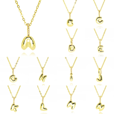 Bubble Initial Necklace Gold Plated Copper Zirconia Puffy Alphabet Letter Pendant Necklaces For Women Fashion Jewelry Gift