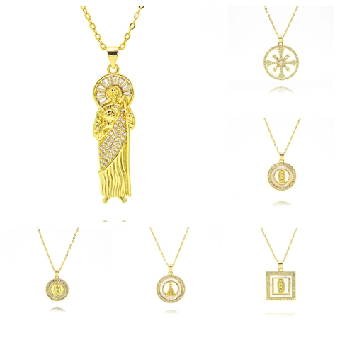 Collier Pendentif Religieux Vierge Marie Saint Jude en Cuivre Plaqué Or 18K Zircon Nacre Bijoux pour Femmes